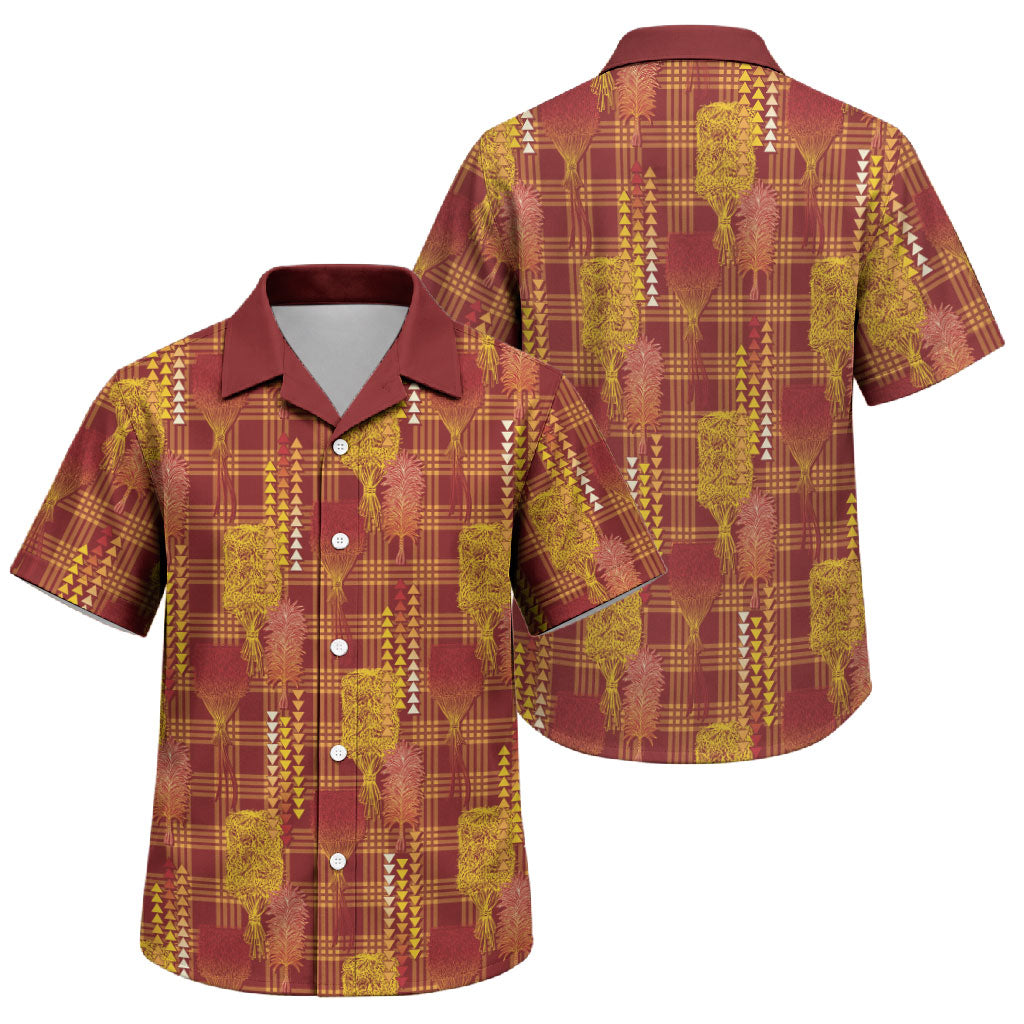 Aloha Hawaii Vintage Kahili Pa'a Lima Family Matching Off The Shoulder Long Sleeve Dress and Hawaiian Shirt Palaka Print Hilo Royal Red-Yellow