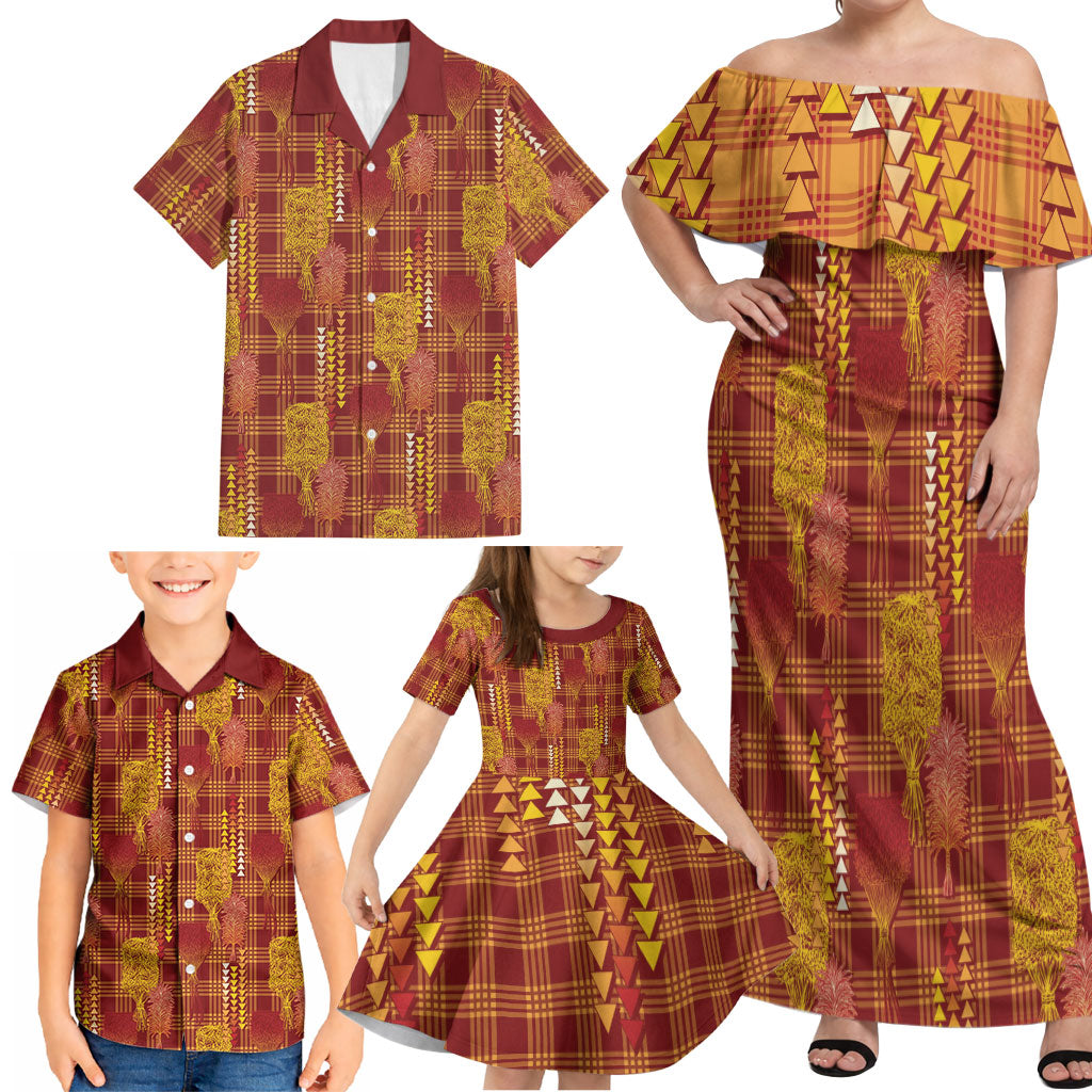 Aloha Hawaii Vintage Kahili Pa'a Lima Family Matching Off Shoulder Maxi Dress and Hawaiian Shirt Palaka Print Hilo Royal Red-Yellow