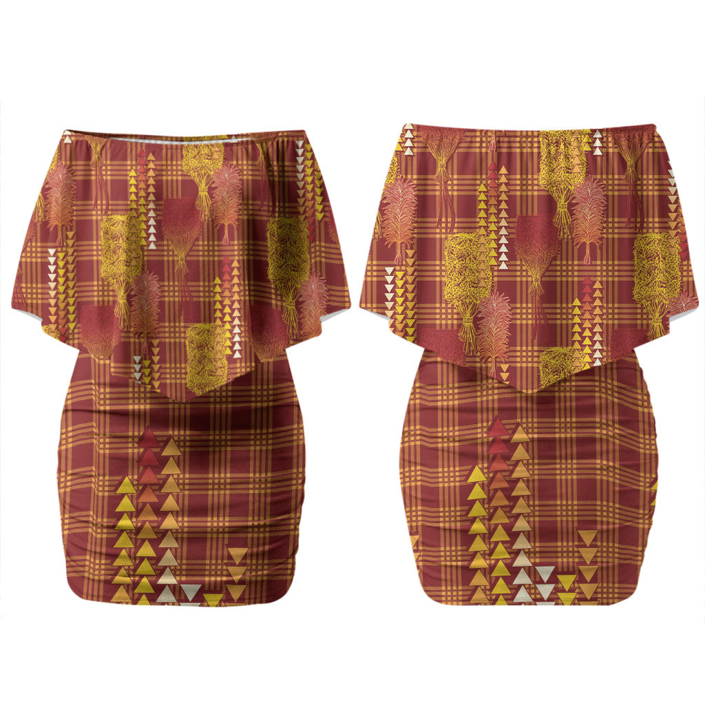 Aloha Hawaii Vintage Kahili Pa'a Lima Family Matching Off Shoulder Short Dress and Hawaiian Shirt Palaka Print Hilo Royal Red-Yellow