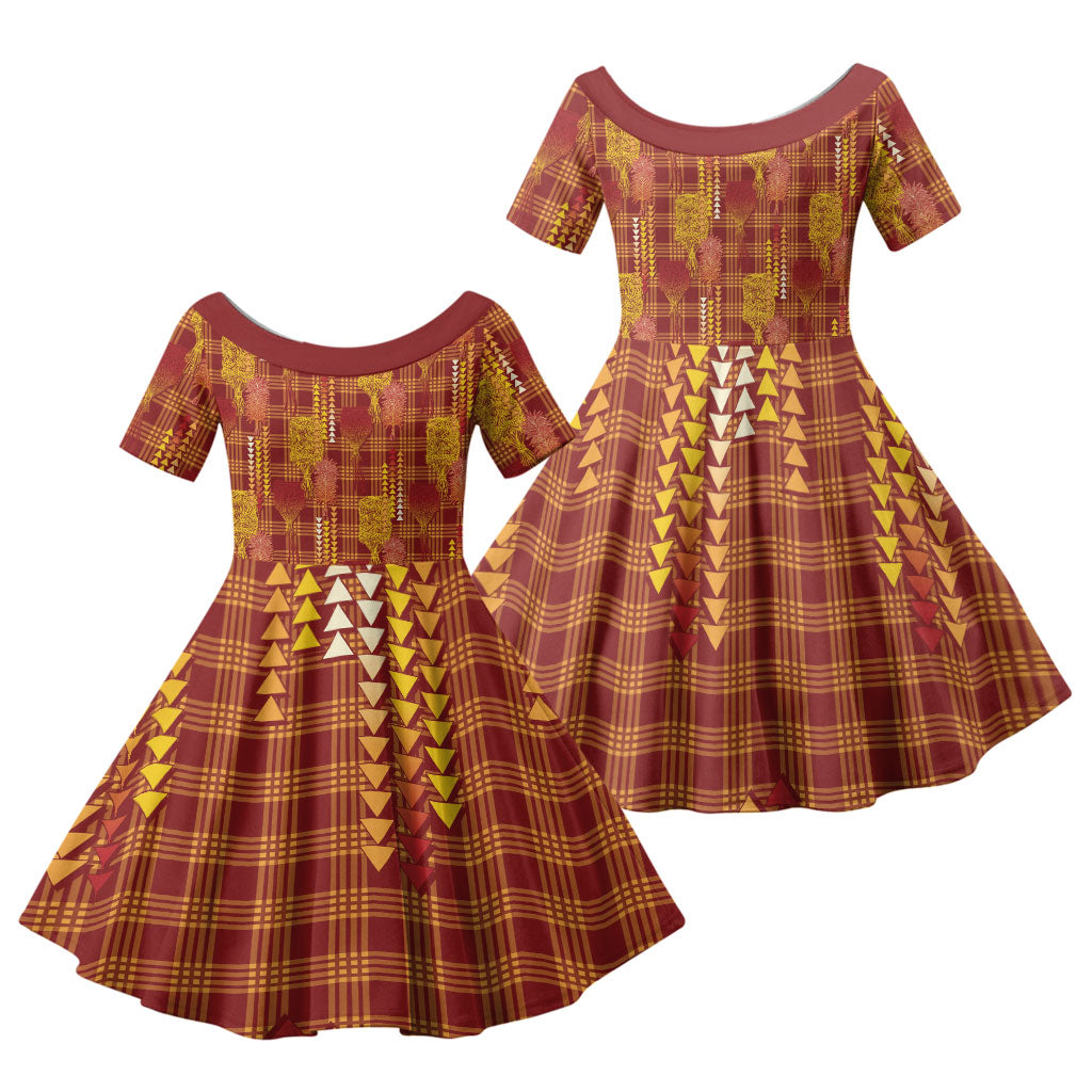 Aloha Hawaii Vintage Kahili Pa'a Lima Family Matching Off Shoulder Short Dress and Hawaiian Shirt Palaka Print Hilo Royal Red-Yellow