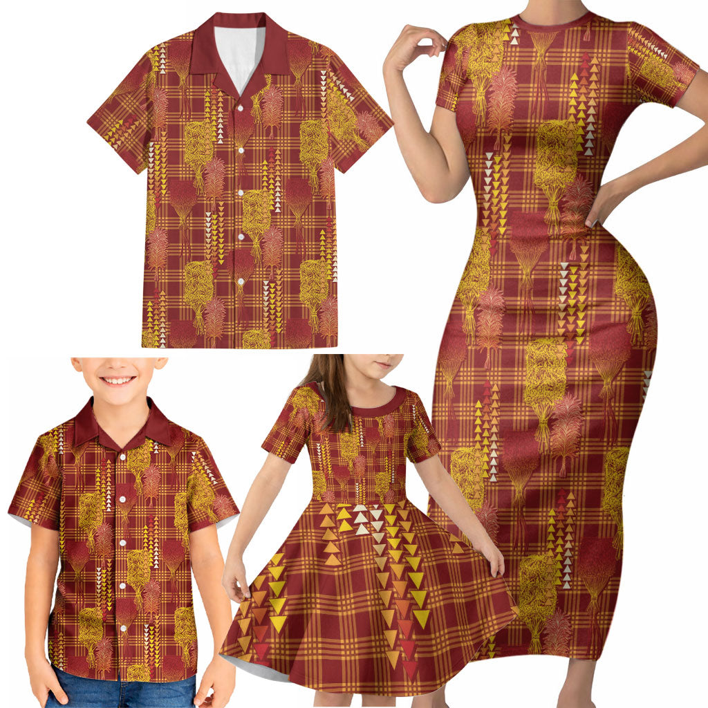 Aloha Hawaii Vintage Kahili Pa'a Lima Family Matching Short Sleeve Bodycon Dress and Hawaiian Shirt Palaka Print Hilo Royal Red-Yellow