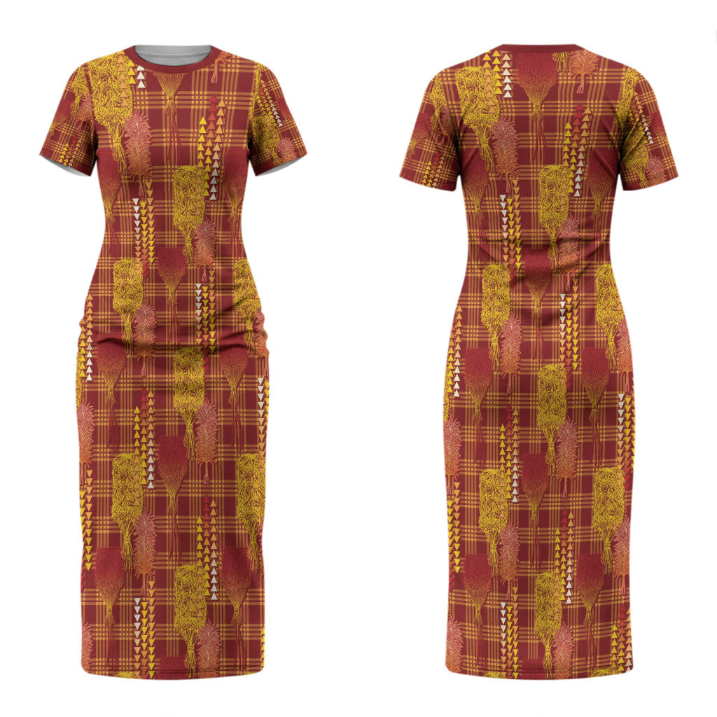 Aloha Hawaii Vintage Kahili Pa'a Lima Family Matching Short Sleeve Bodycon Dress and Hawaiian Shirt Palaka Print Hilo Royal Red-Yellow