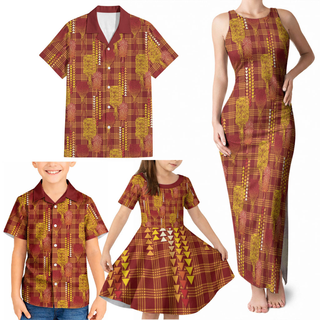 Aloha Hawaii Vintage Kahili Pa'a Lima Family Matching Tank Maxi Dress and Hawaiian Shirt Palaka Print Hilo Royal Red-Yellow