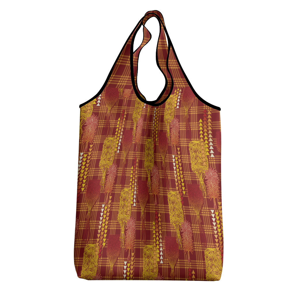 Aloha Hawaii Vintage Kahili Pa'a Lima Grocery Bag Palaka Print Hilo Royal Red-Yellow