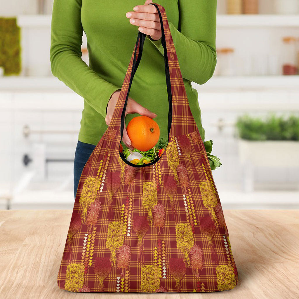 Aloha Hawaii Vintage Kahili Pa'a Lima Grocery Bag Palaka Print Hilo Royal Red-Yellow