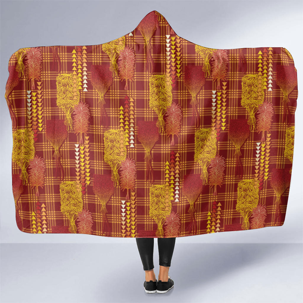 Aloha Hawaii Vintage Kahili Pa'a Lima Hooded Blanket Palaka Print Hilo Royal Red-Yellow