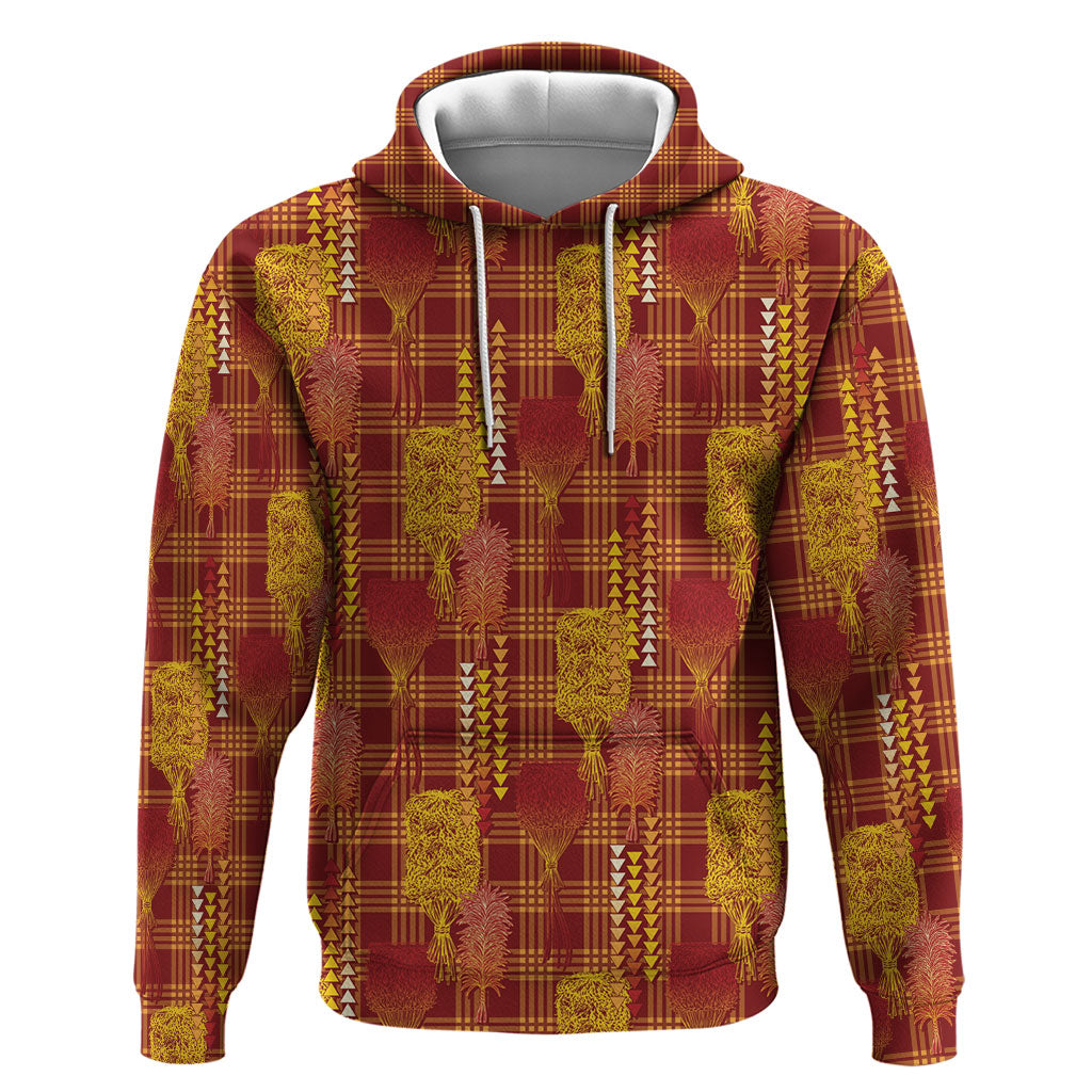 Aloha Hawaii Vintage Kahili Pa'a Lima Hoodie Palaka Print Hilo Royal Red-Yellow LT7 Pullover Hoodie Red - Polynesian Pride