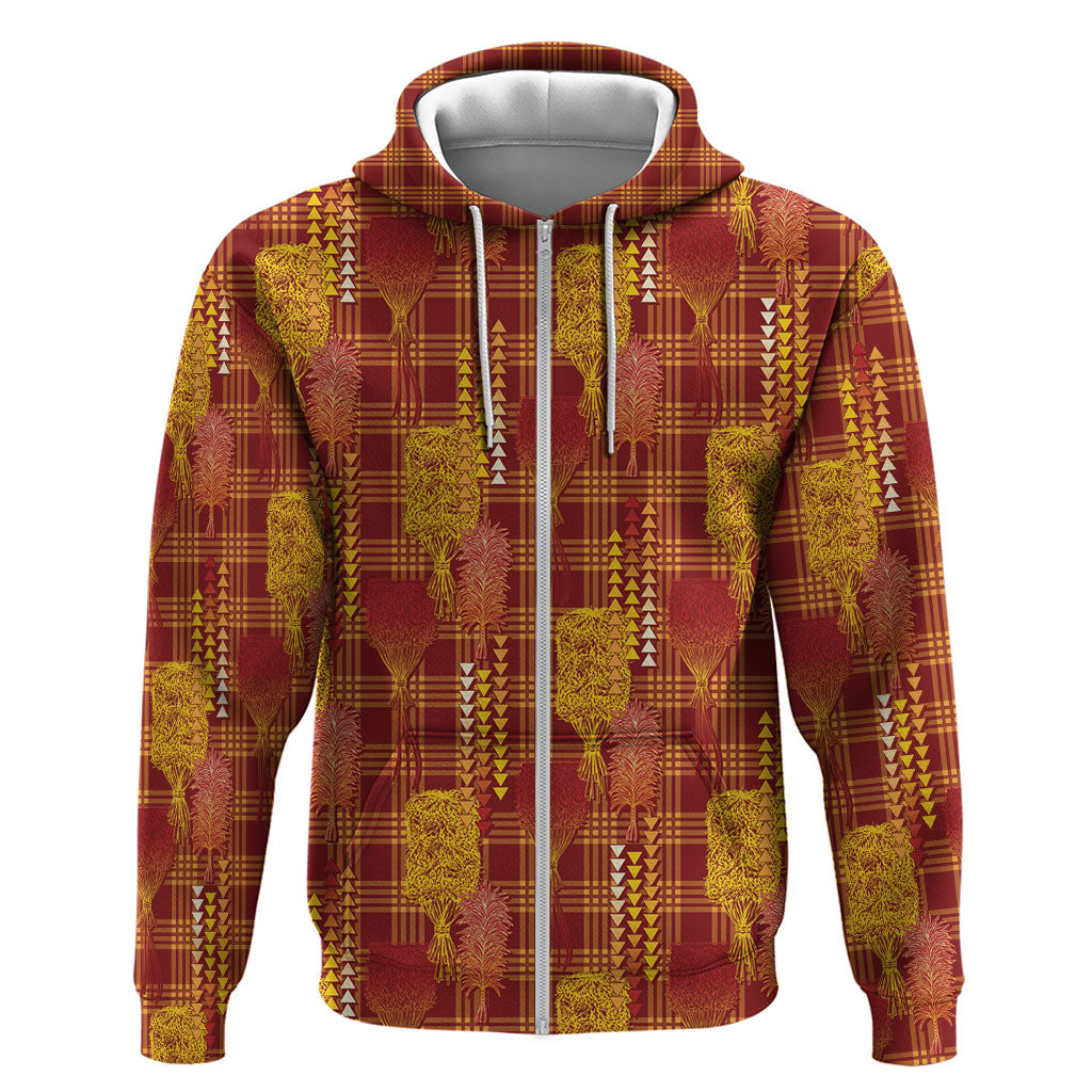 Aloha Hawaii Vintage Kahili Pa'a Lima Hoodie Palaka Print Hilo Royal Red-Yellow