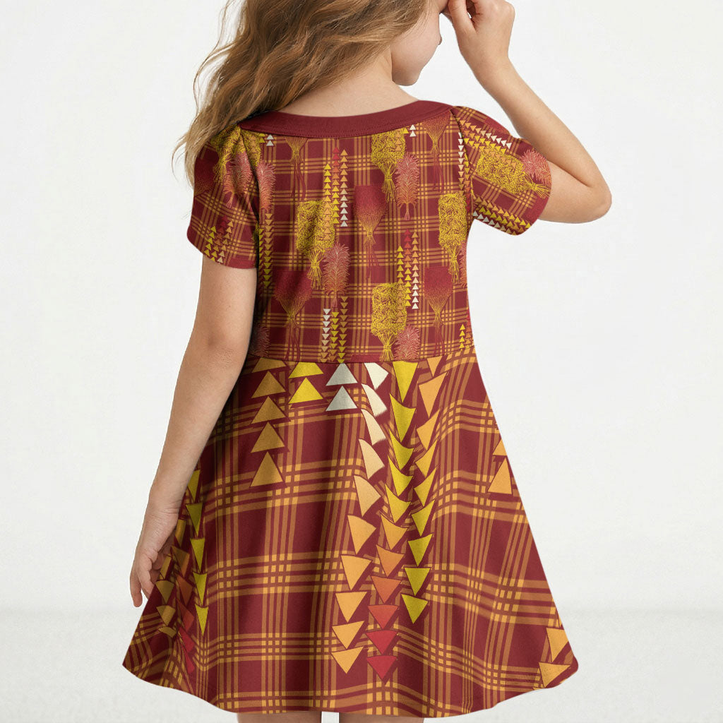 Aloha Hawaii Vintage Kahili Pa'a Lima Kid Short Sleeve Dress Palaka Print Hilo Royal Red-Yellow