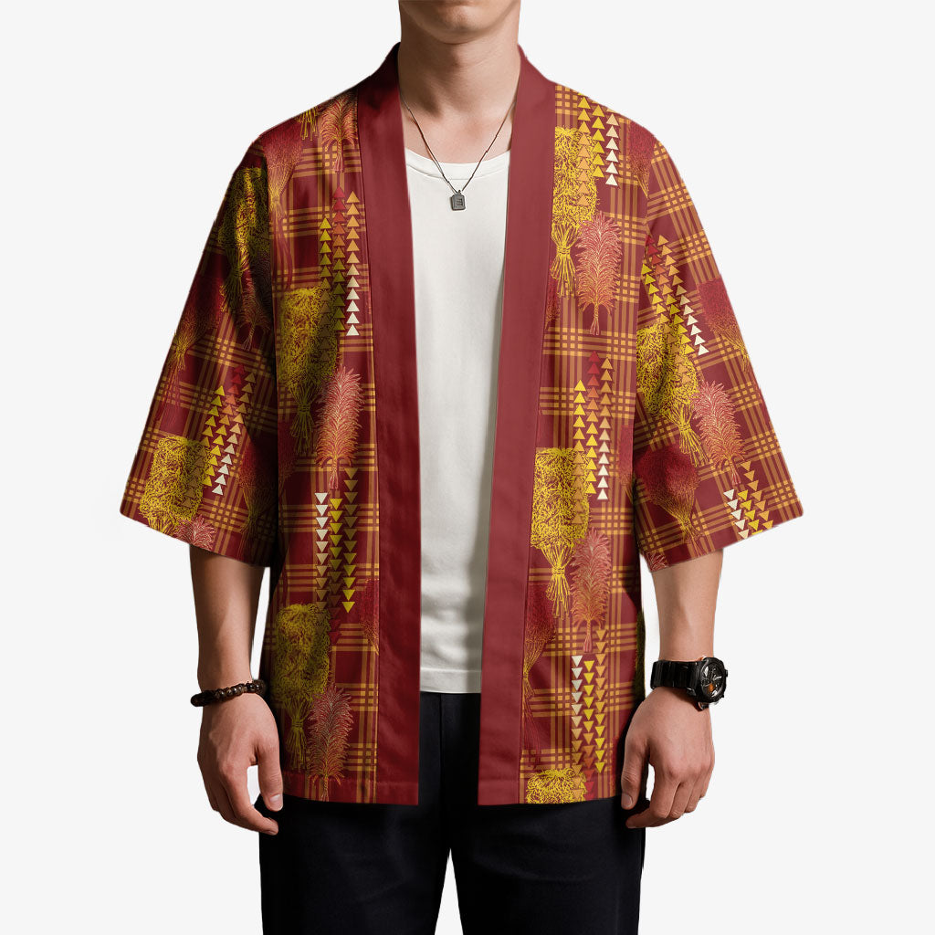 Aloha Hawaii Vintage Kahili Pa'a Lima Kimono Palaka Print Hilo Royal Red-Yellow