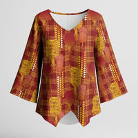Aloha Hawaii Vintage Kahili Pa'a Lima Kimono Sleeve Blouse Palaka Print Hilo Royal Red-Yellow