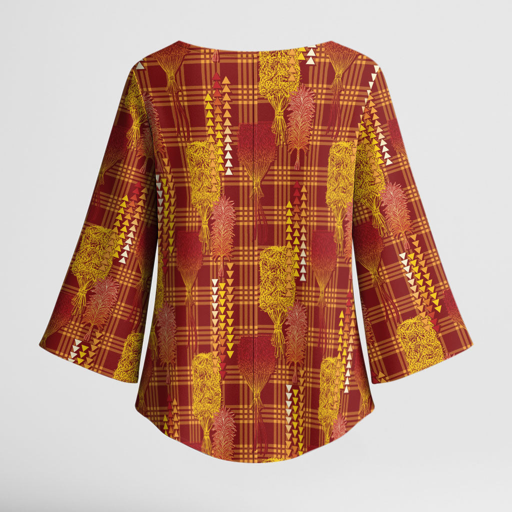 Aloha Hawaii Vintage Kahili Pa'a Lima Kimono Sleeve Blouse Palaka Print Hilo Royal Red-Yellow