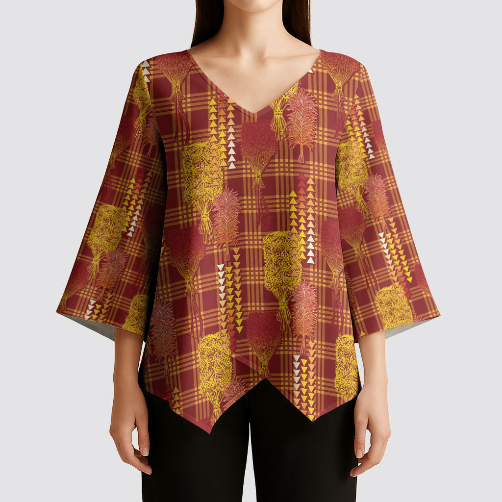 Aloha Hawaii Vintage Kahili Pa'a Lima Kimono Sleeve Blouse Palaka Print Hilo Royal Red-Yellow