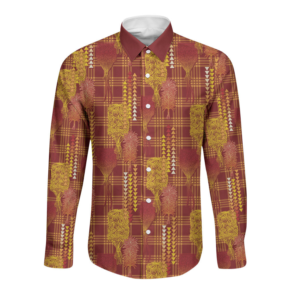 Aloha Hawaii Vintage Kahili Pa'a Lima Long Sleeve Button Shirt Palaka Print Hilo Royal Red-Yellow LT7 Unisex Red - Polynesian Pride