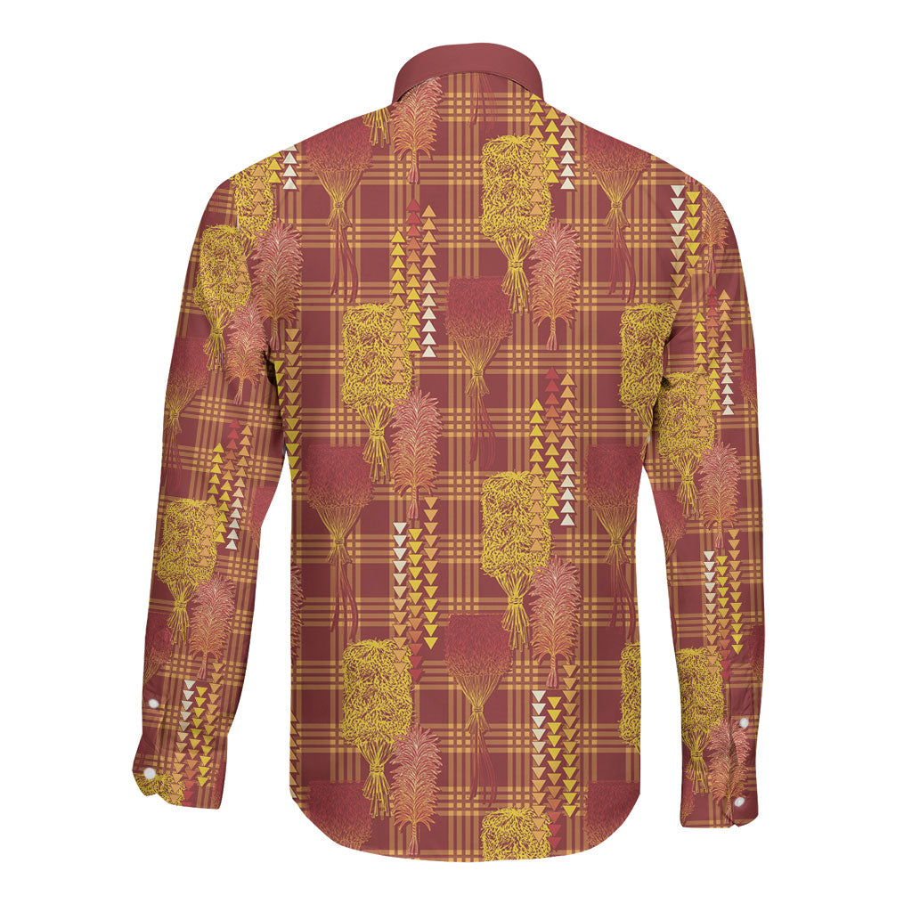 Aloha Hawaii Vintage Kahili Pa'a Lima Long Sleeve Button Shirt Palaka Print Hilo Royal Red-Yellow