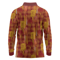Aloha Hawaii Vintage Kahili Pa'a Lima Long Sleeve Polo Shirt Palaka Print Hilo Royal Red-Yellow