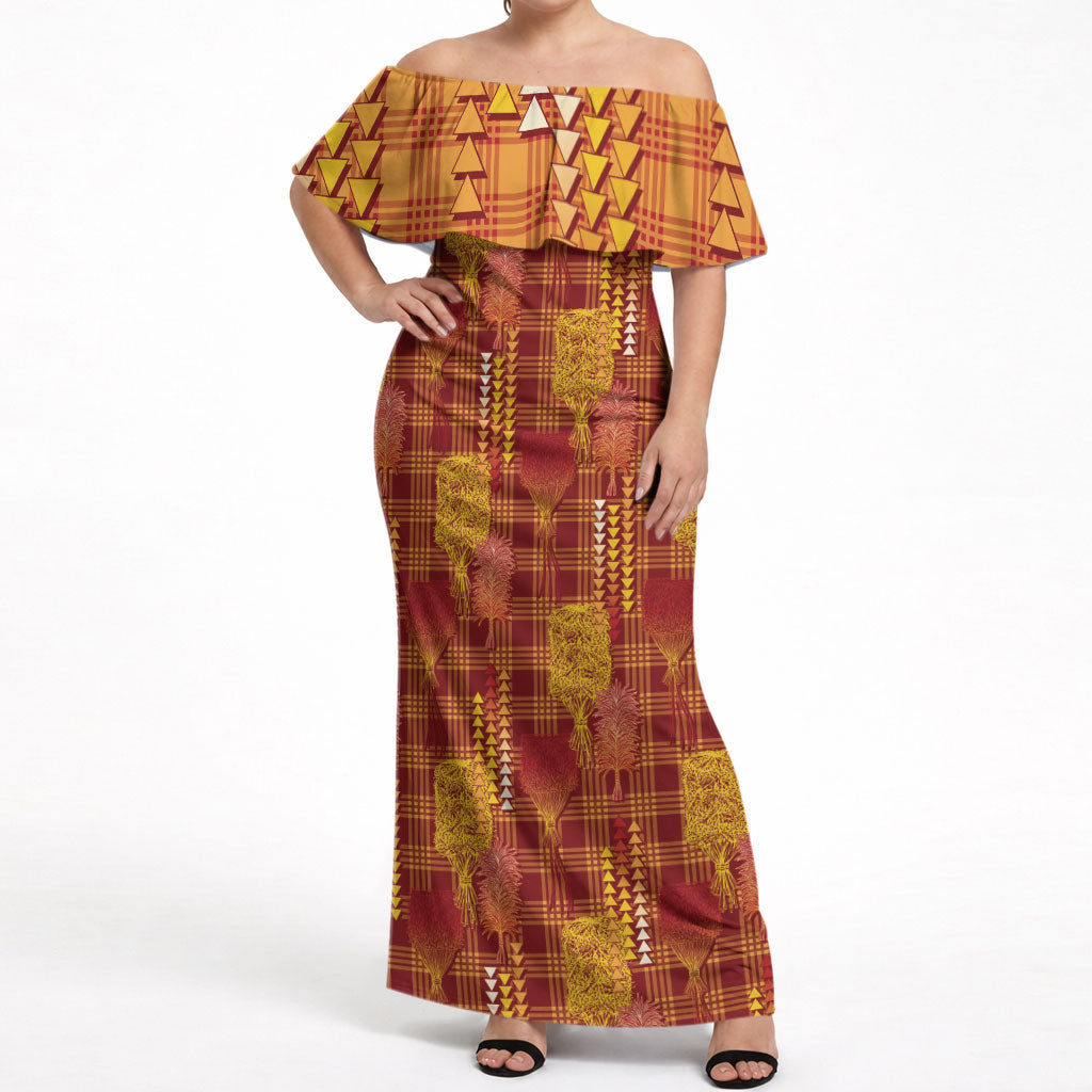 Aloha Hawaii Vintage Kahili Pa'a Lima Off Shoulder Maxi Dress Palaka Print Hilo Royal Red-Yellow
