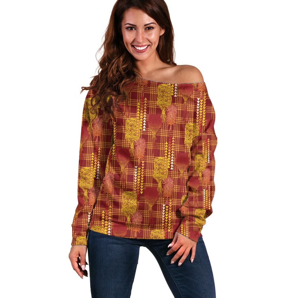 Aloha Hawaii Vintage Kahili Pa'a Lima Off Shoulder Sweater Palaka Print Hilo Royal Red-Yellow LT7 Women Red - Polynesian Pride