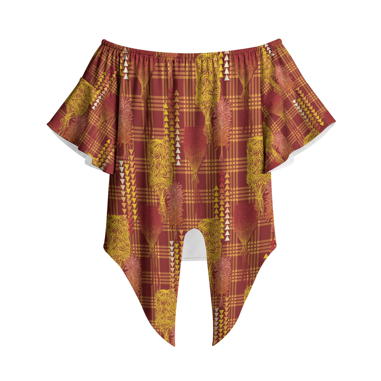 Aloha Hawaii Vintage Kahili Pa'a Lima Off Shoulder Wrap Waist Top Palaka Print Hilo Royal Red-Yellow LT7 Red - Polynesian Pride