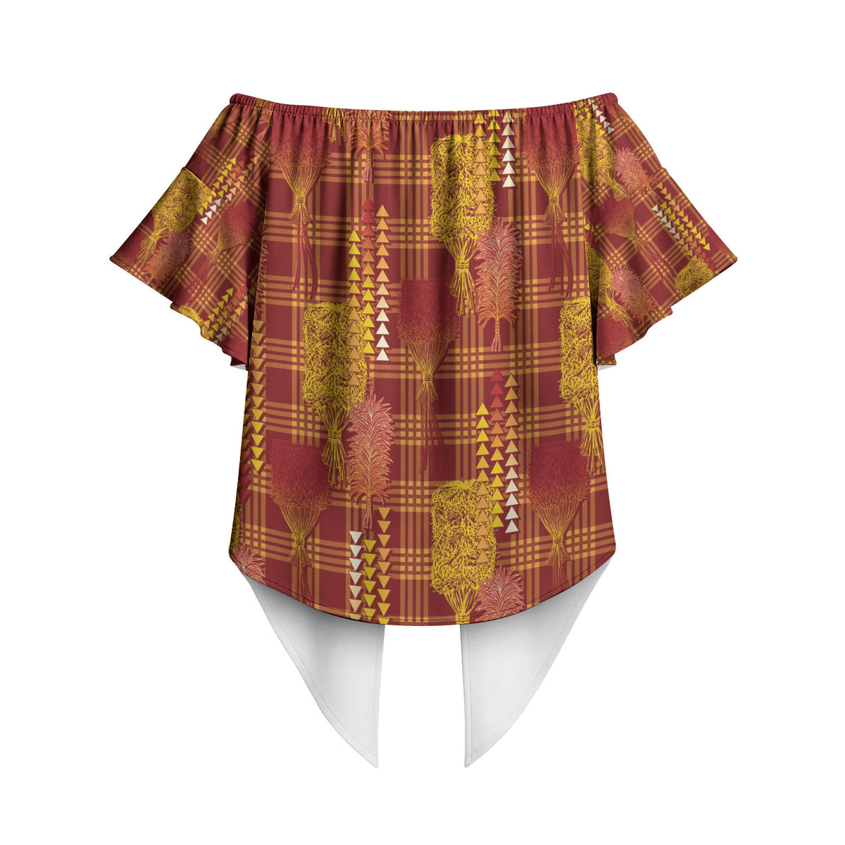 Aloha Hawaii Vintage Kahili Pa'a Lima Off Shoulder Wrap Waist Top Palaka Print Hilo Royal Red-Yellow LT7 - Polynesian Pride