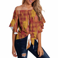 Aloha Hawaii Vintage Kahili Pa'a Lima Off Shoulder Wrap Waist Top Palaka Print Hilo Royal Red-Yellow LT7 - Polynesian Pride