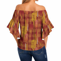 Aloha Hawaii Vintage Kahili Pa'a Lima Off Shoulder Wrap Waist Top Palaka Print Hilo Royal Red-Yellow LT7 - Polynesian Pride
