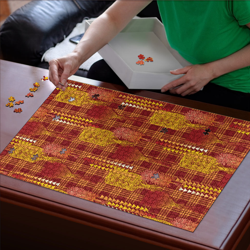 Aloha Hawaii Vintage Kahili Pa'a Lima Puzzle Palaka Print Hilo Royal Red-Yellow