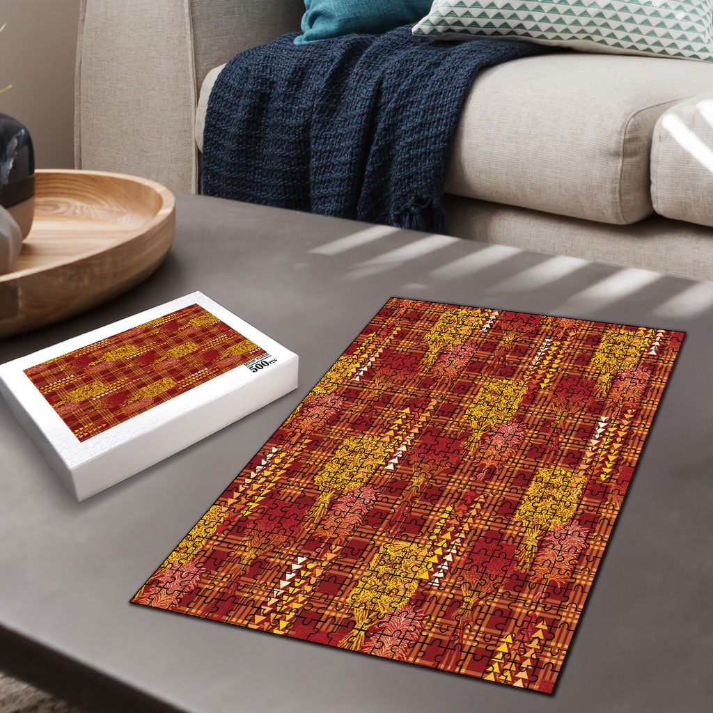 Aloha Hawaii Vintage Kahili Pa'a Lima Puzzle Palaka Print Hilo Royal Red-Yellow