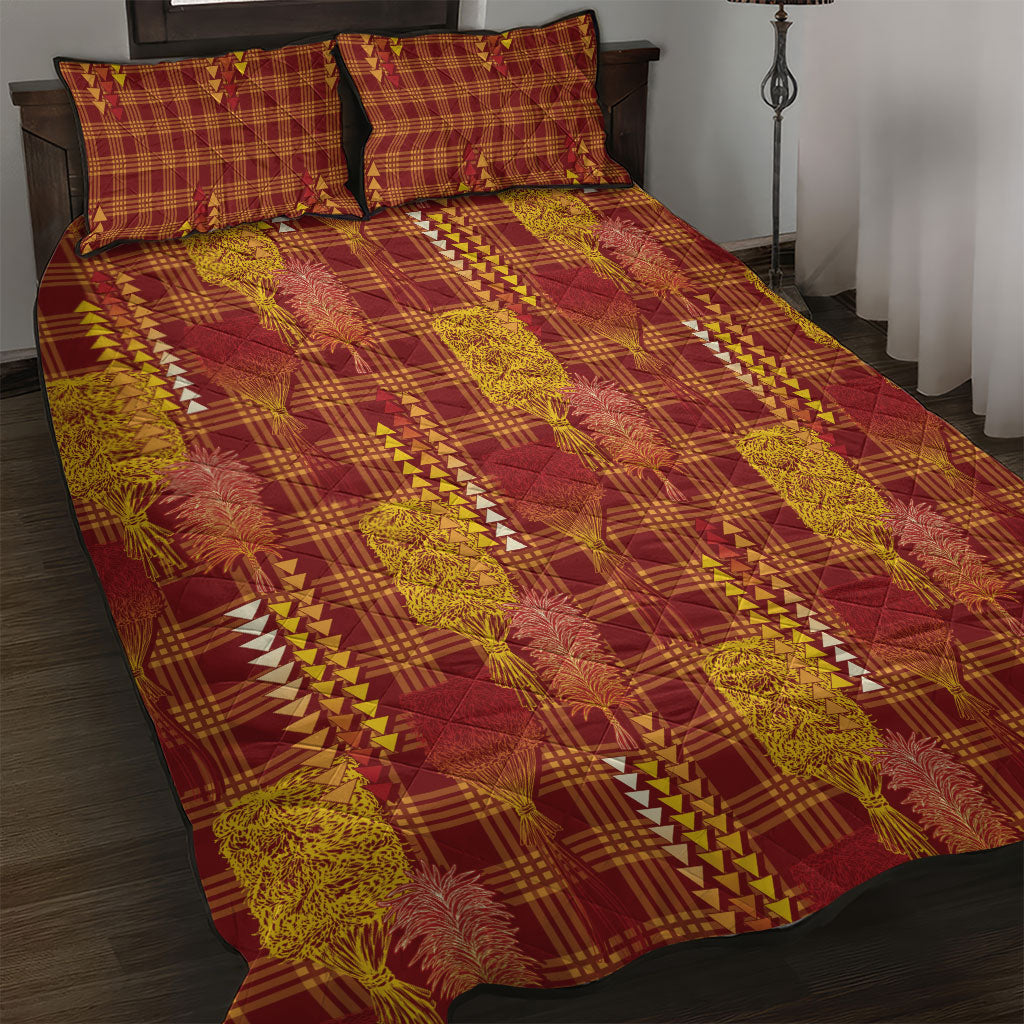 Aloha Hawaii Vintage Kahili Pa'a Lima Quilt Bed Set Palaka Print Hilo Royal Red-Yellow
