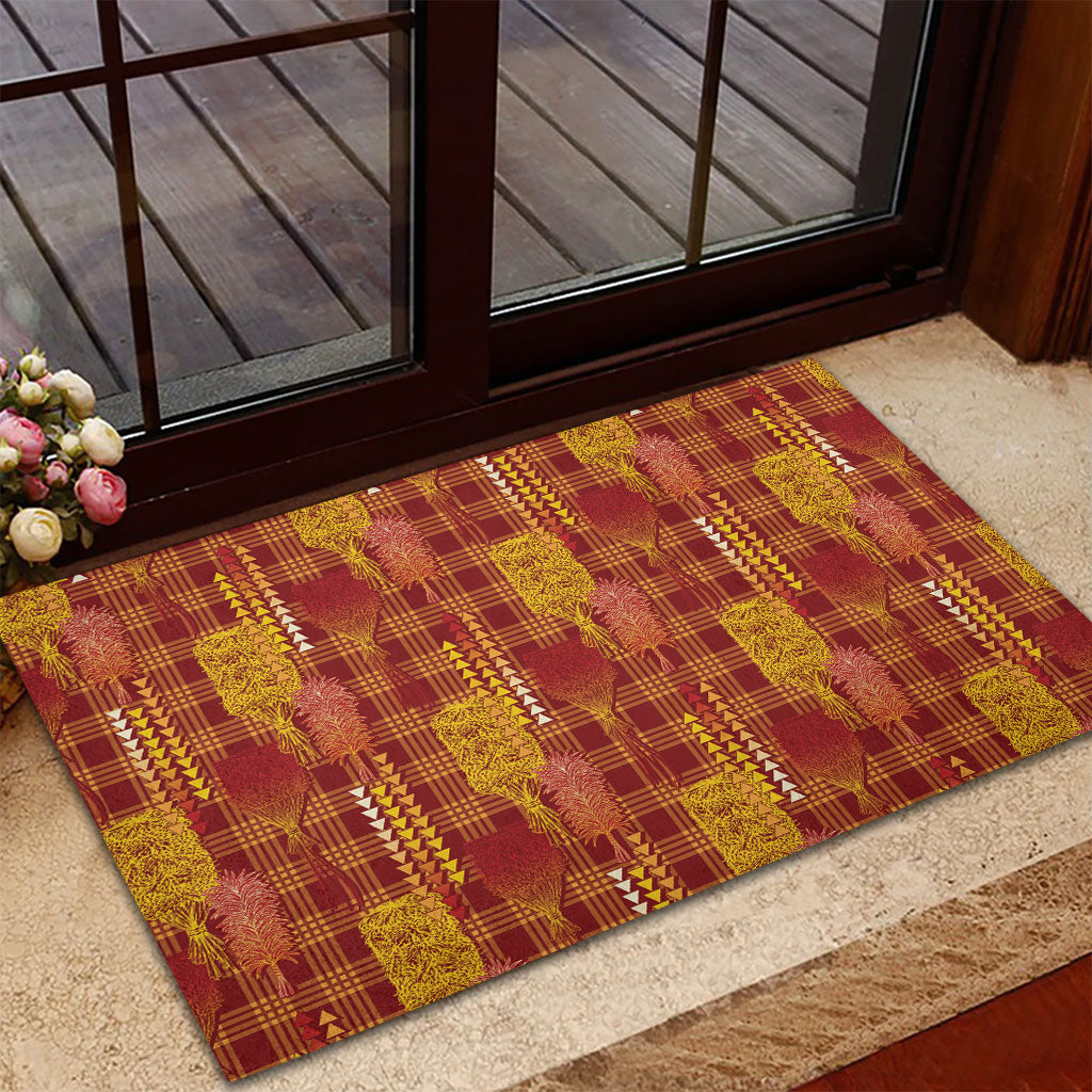 Aloha Hawaii Vintage Kahili Pa'a Lima Rubber Doormat Palaka Print Hilo Royal Red-Yellow