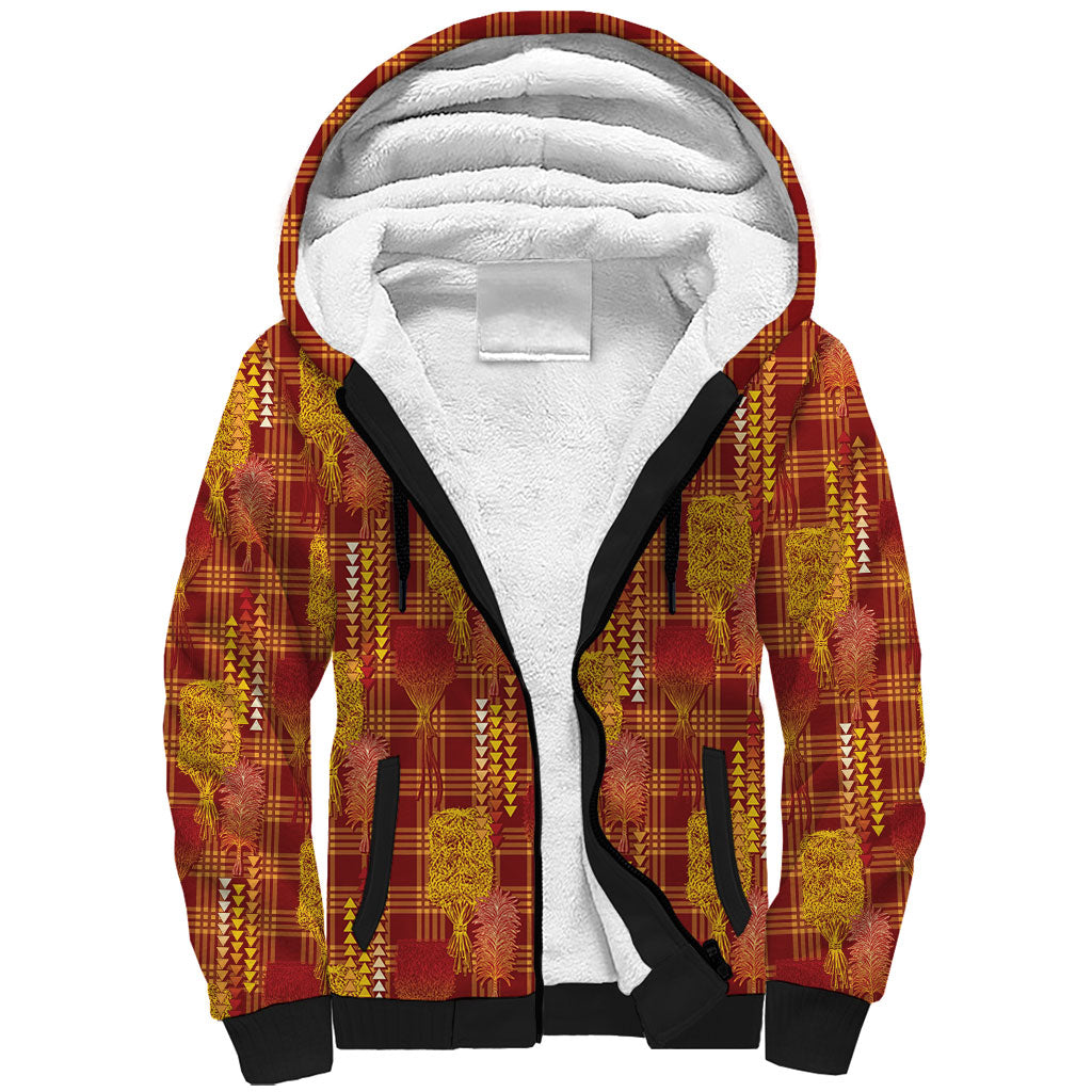 Aloha Hawaii Vintage Kahili Pa'a Lima Sherpa Hoodie Palaka Print Hilo Royal Red-Yellow