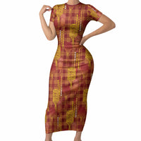 Aloha Hawaii Vintage Kahili Pa'a Lima Short Sleeve Bodycon Dress Palaka Print Hilo Royal Red-Yellow