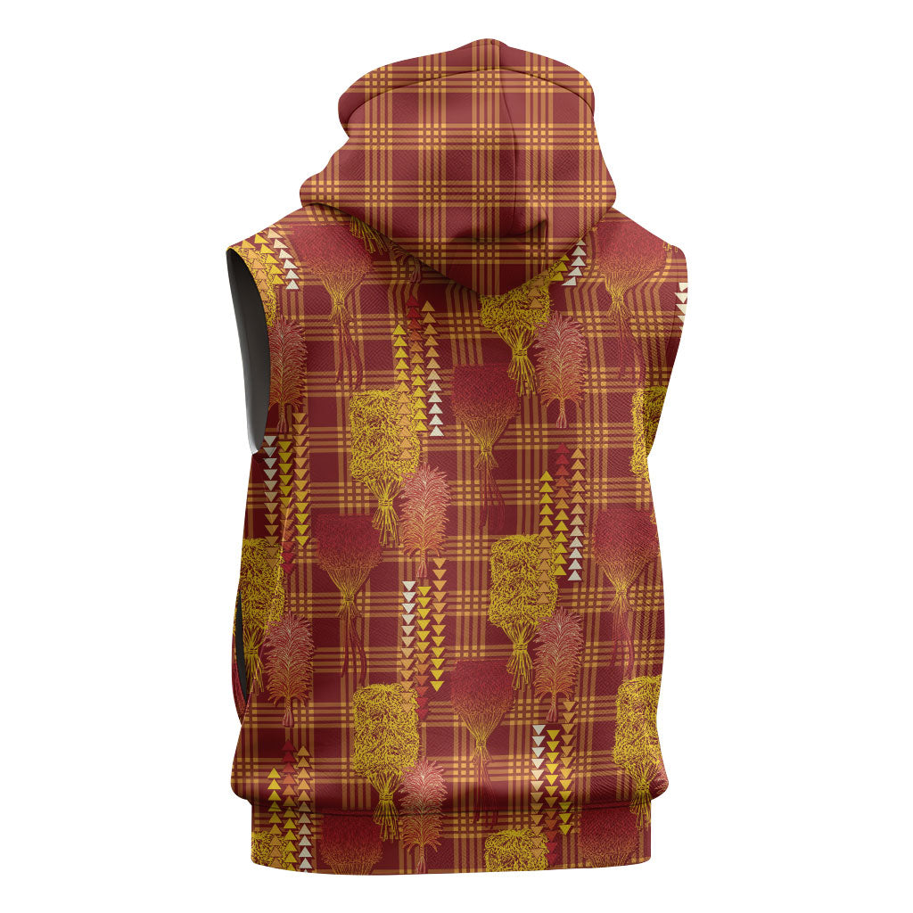 Aloha Hawaii Vintage Kahili Pa'a Lima Sleeveless Hoodie Palaka Print Hilo Royal Red-Yellow