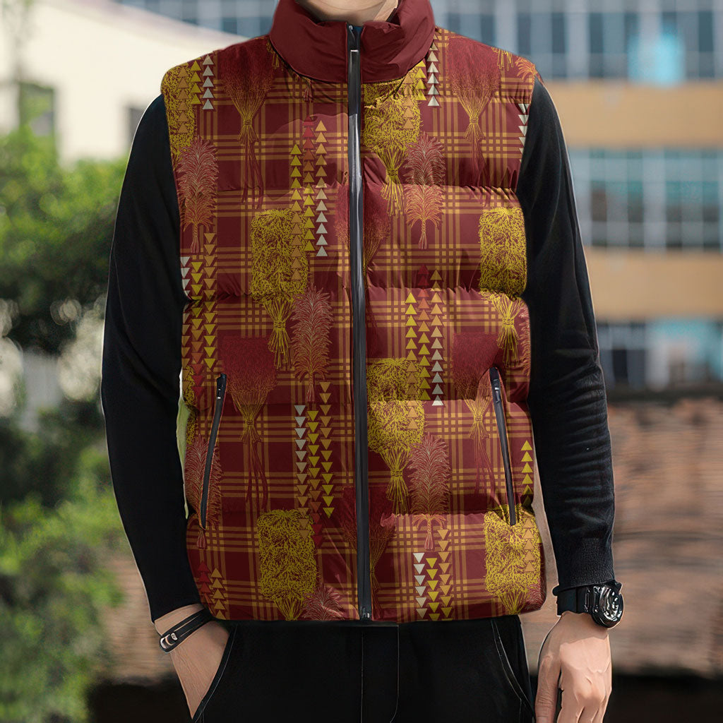 Aloha Hawaii Vintage Kahili Pa'a Lima Sleeveless Puffer Jacket Palaka Print Hilo Royal Red-Yellow