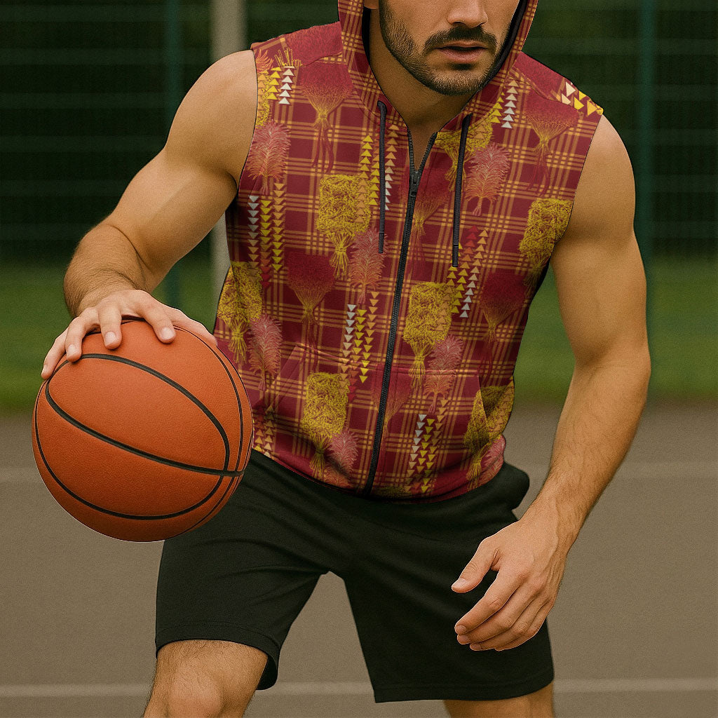 Aloha Hawaii Vintage Kahili Pa'a Lima Sleeveless Zip Hoodie Palaka Print Hilo Royal Red-Yellow