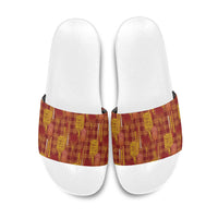 Aloha Hawaii Vintage Kahili Pa'a Lima Slide Sandals Palaka Print Hilo Royal Red-Yellow