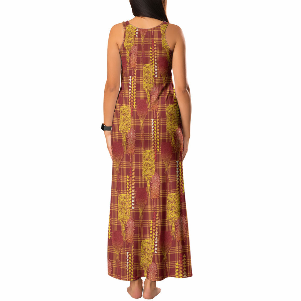 Aloha Hawaii Vintage Kahili Pa'a Lima Tank Maxi Dress Palaka Print Hilo Royal Red-Yellow