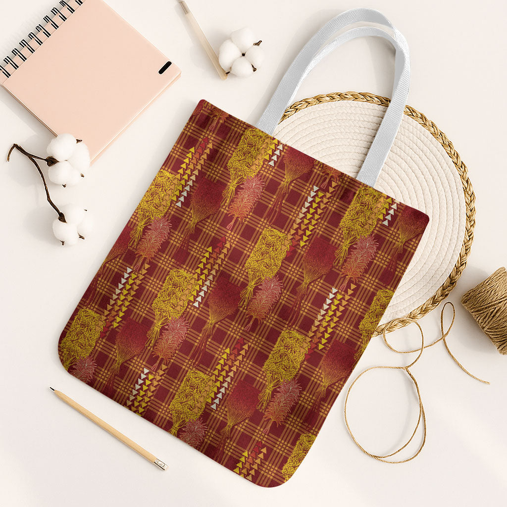 Aloha Hawaii Vintage Kahili Pa'a Lima Tote Bag Palaka Print Hilo Royal Red-Yellow