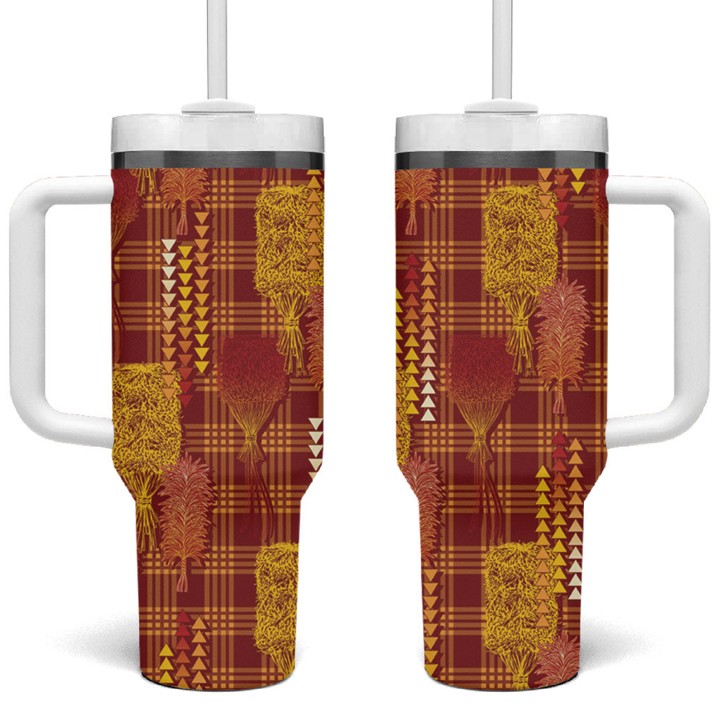 Aloha Hawaii Vintage Kahili Pa'a Lima Tumbler With Handle Palaka Print Hilo Royal Red-Yellow LT7 One Size: 40 oz Red - Polynesian Pride