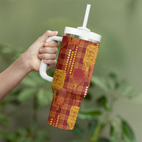 Aloha Hawaii Vintage Kahili Pa'a Lima Tumbler With Handle Palaka Print Hilo Royal Red-Yellow
