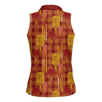 Aloha Hawaii Vintage Kahili Pa'a Lima Women Sleeveless Polo Shirt Palaka Print Hilo Royal Red-Yellow