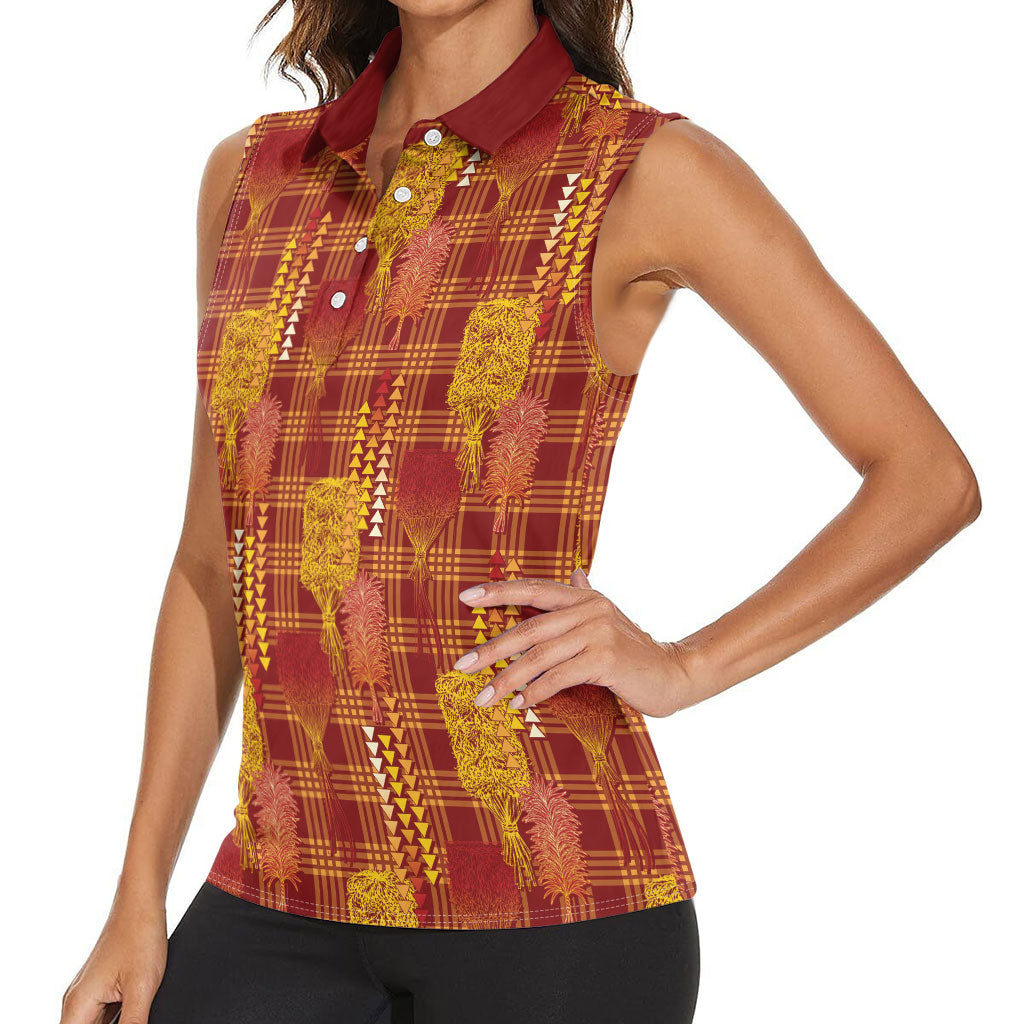 Aloha Hawaii Vintage Kahili Pa'a Lima Women Sleeveless Polo Shirt Palaka Print Hilo Royal Red-Yellow