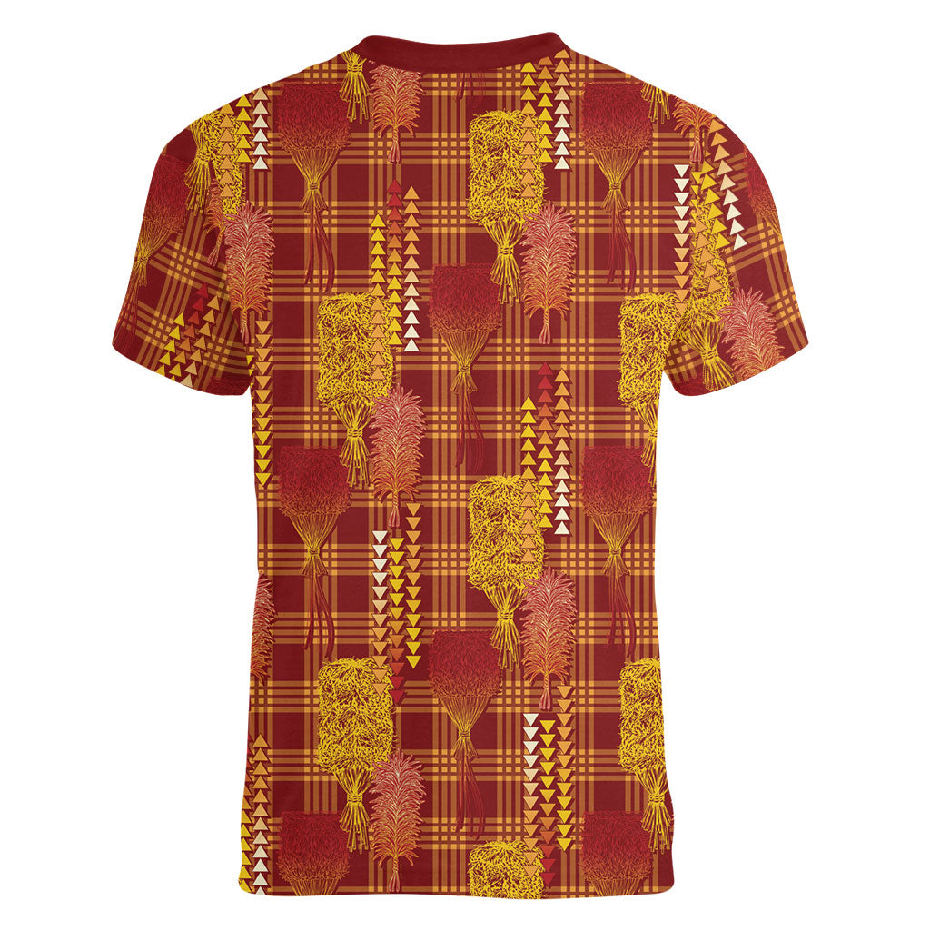 Aloha Hawaii Vintage Kahili Pa'a Lima Women V-Neck T-Shirt Palaka Print Hilo Royal Red-Yellow