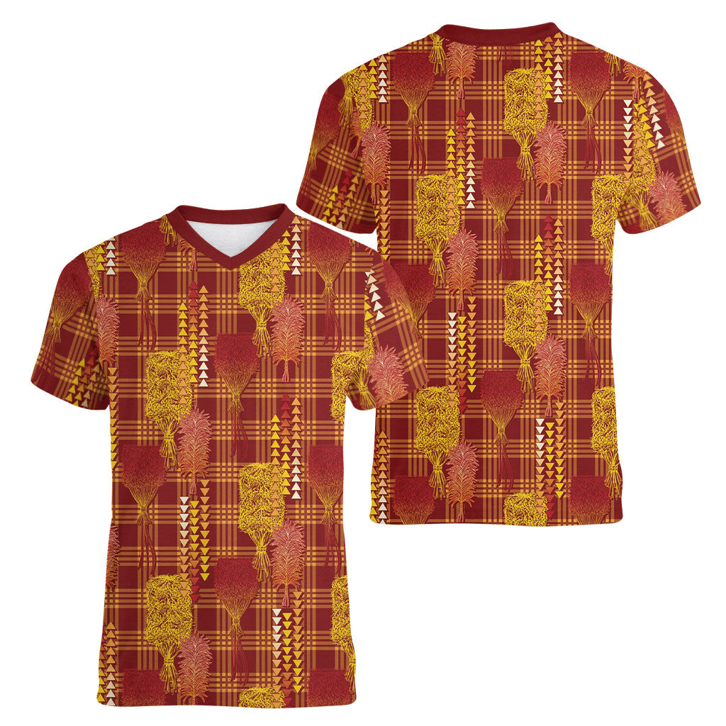 Aloha Hawaii Vintage Kahili Pa'a Lima Women V-Neck T-Shirt Palaka Print Hilo Royal Red-Yellow