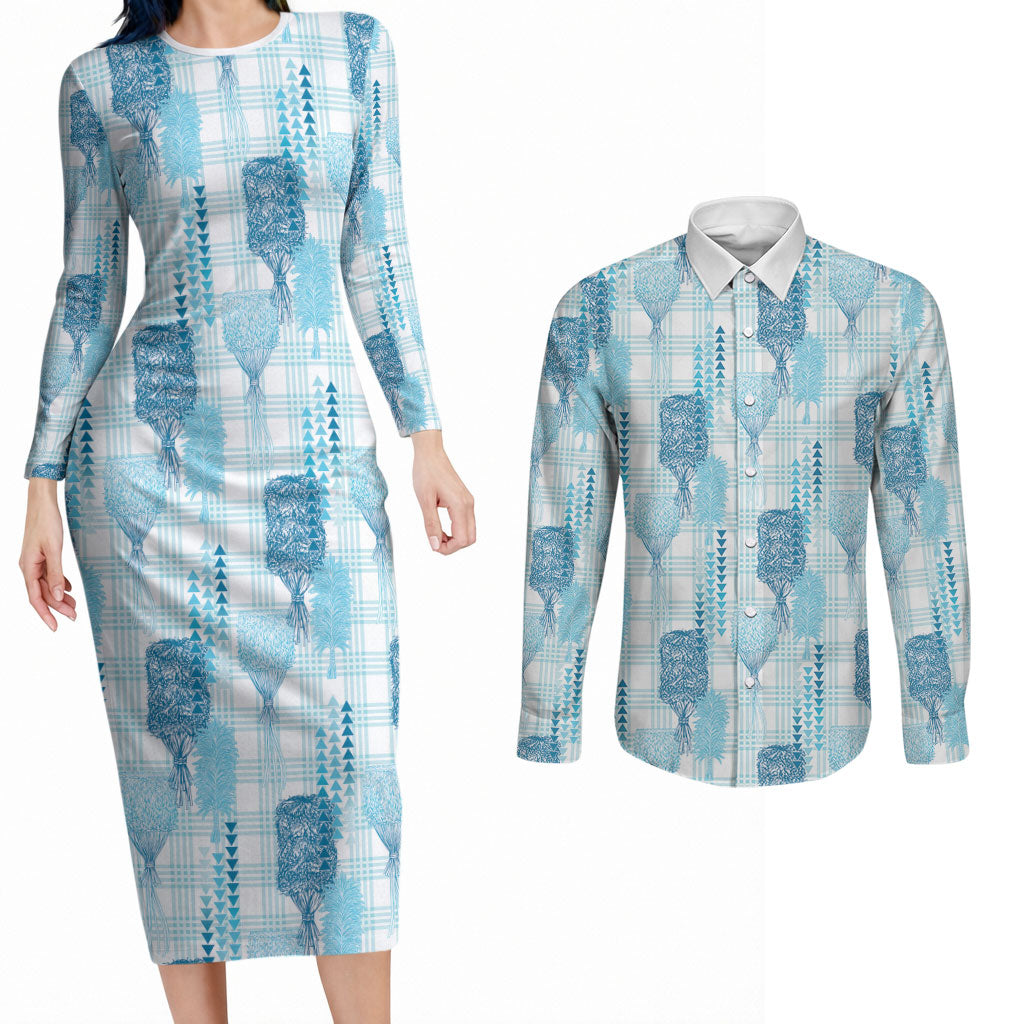 Aloha Hawaii Vintage Kahili Pa'a Lima Couples Matching Long Sleeve Bodycon Dress and Long Sleeve Button Shirt Palaka Print Oceanic Turquoise LT7 Turquoise - Polynesian Pride