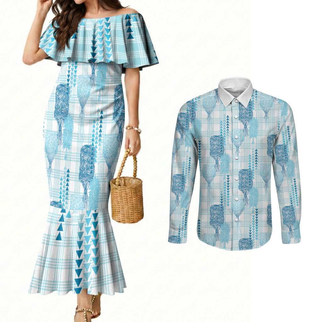 Aloha Hawaii Vintage Kahili Pa'a Lima Couples Matching Mermaid Dress and Long Sleeve Button Shirt Palaka Print Oceanic Turquoise LT7 Turquoise - Polynesian Pride