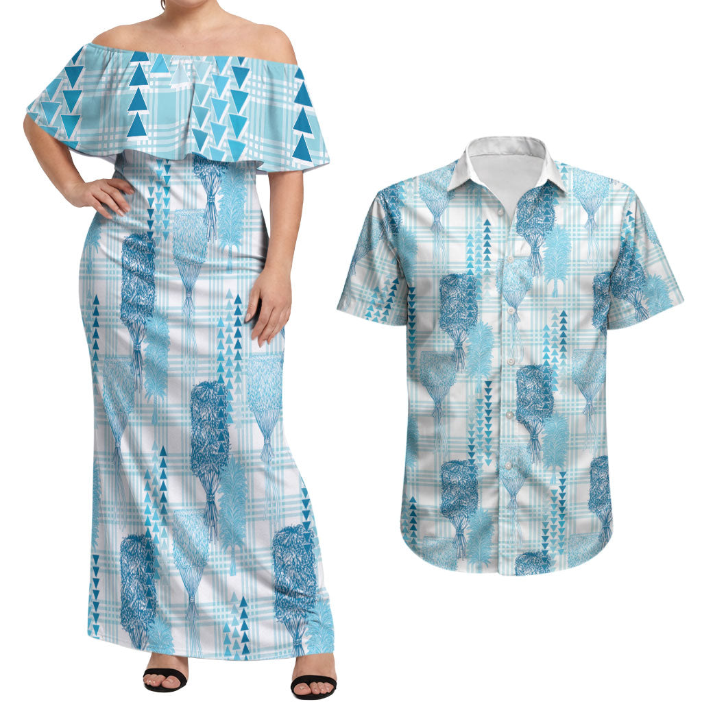 Aloha Hawaii Vintage Kahili Pa'a Lima Couples Matching Off Shoulder Maxi Dress and Hawaiian Shirt Palaka Print Oceanic Turquoise LT7 Turquoise - Polynesian Pride