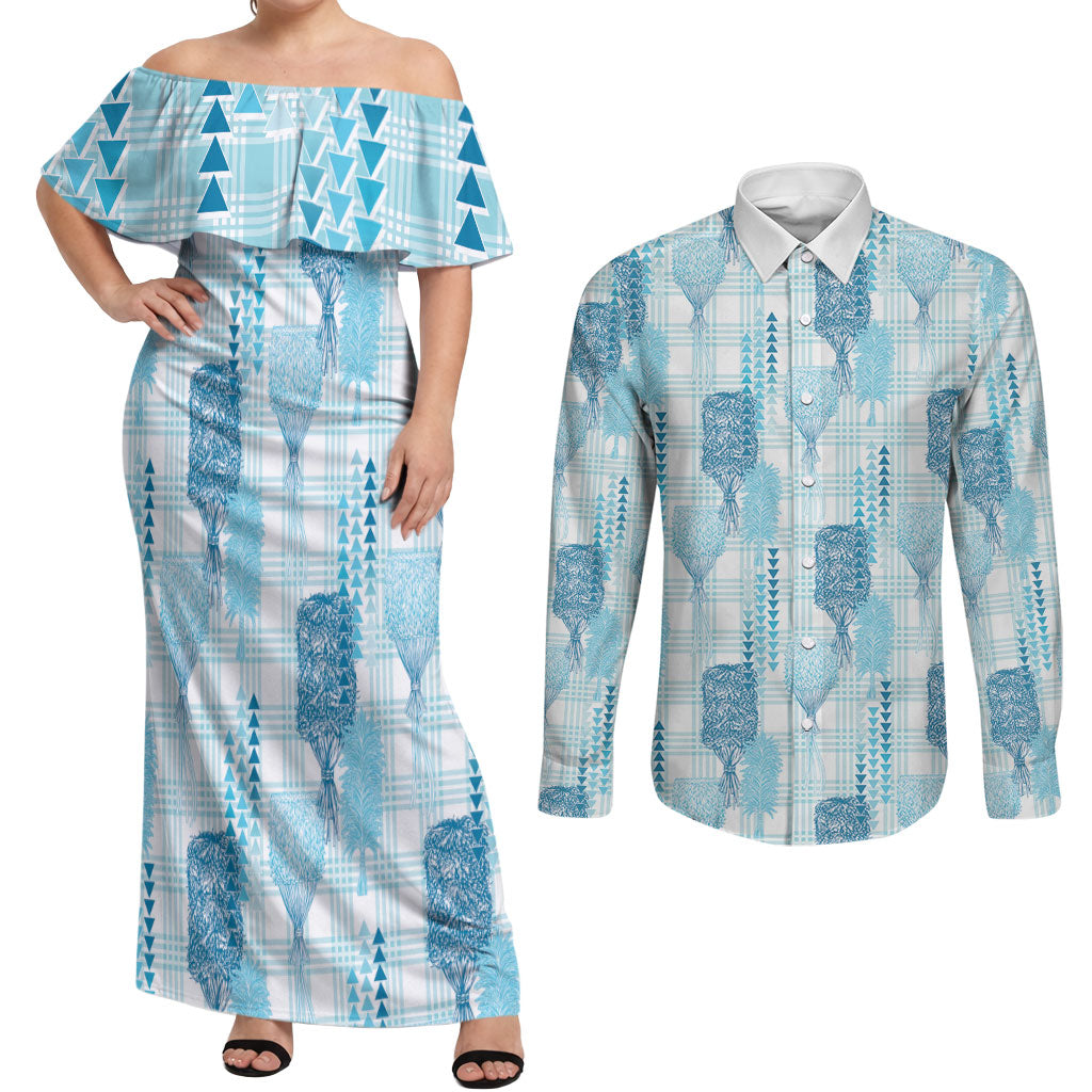 Aloha Hawaii Vintage Kahili Pa'a Lima Couples Matching Off Shoulder Maxi Dress and Long Sleeve Button Shirt Palaka Print Oceanic Turquoise LT7 Turquoise - Polynesian Pride