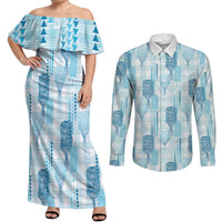 Aloha Hawaii Vintage Kahili Pa'a Lima Couples Matching Off Shoulder Maxi Dress and Long Sleeve Button Shirt Palaka Print Oceanic Turquoise
