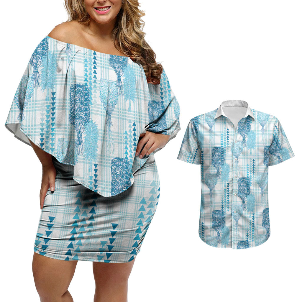 Aloha Hawaii Vintage Kahili Pa'a Lima Couples Matching Off Shoulder Short Dress and Hawaiian Shirt Palaka Print Oceanic Turquoise LT7 Turquoise - Polynesian Pride